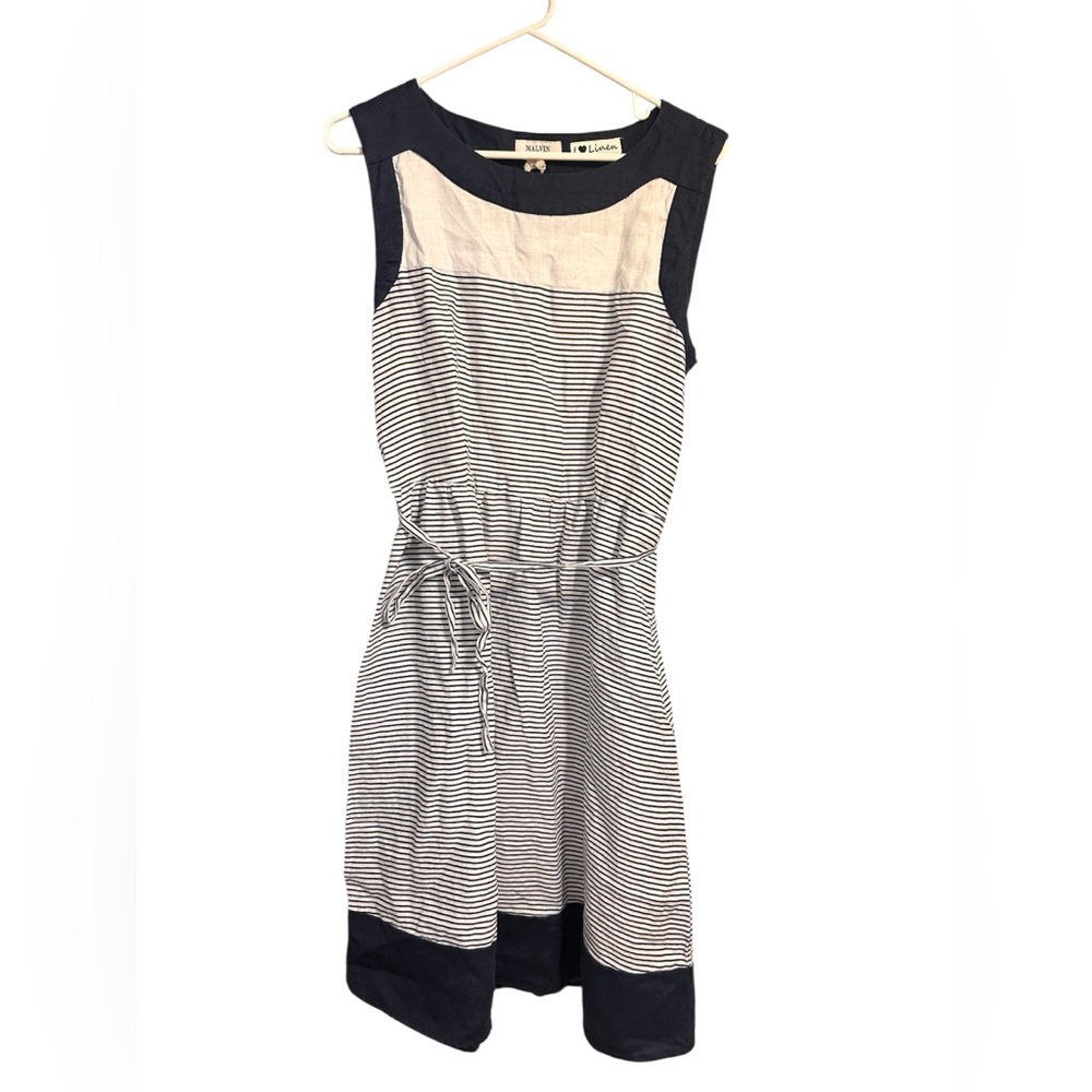 Malvin Hamburg Linen Stripe Dress Navy White Size Large